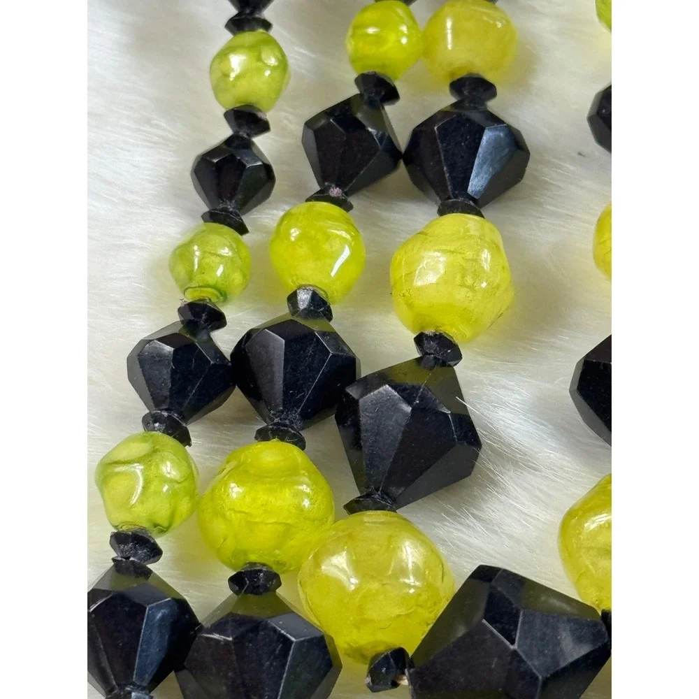 Vintage Hong Kong Lime Green Black Beaded 3‎ Strand Necklace Clip Earring Set